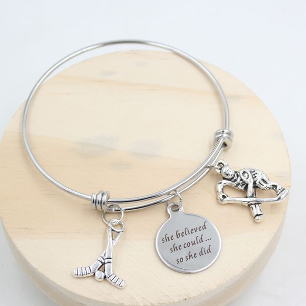 

new arrival fashion sport ice hockey bracelets stainless steel jewelry adjustable expandable bangle bracelet for hockey lovers fans gift, Golden;silver