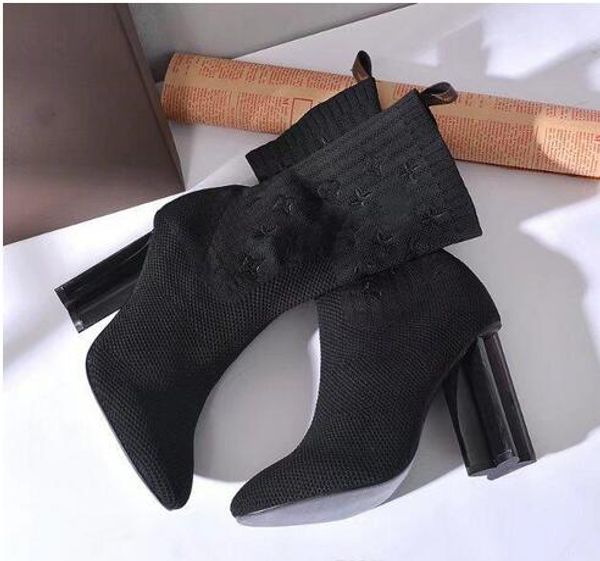 

original box] womens high heel 10cm woolen sock-like booties ladies high boots knit size 35-40, Black