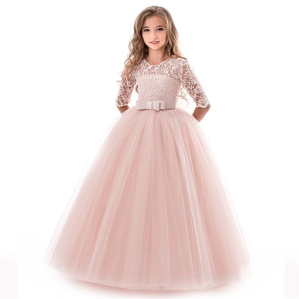 

5-14Y Kids Girls Long White Lace Flower Party Ball Gown Prom Dresses Kid Girl Princess Wedding Children First Communion Dress
