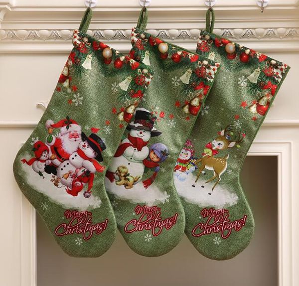 

large green christmas stocking gift candy bag merry christmas santa claus snowman elk printed stocking socks xmas decoration