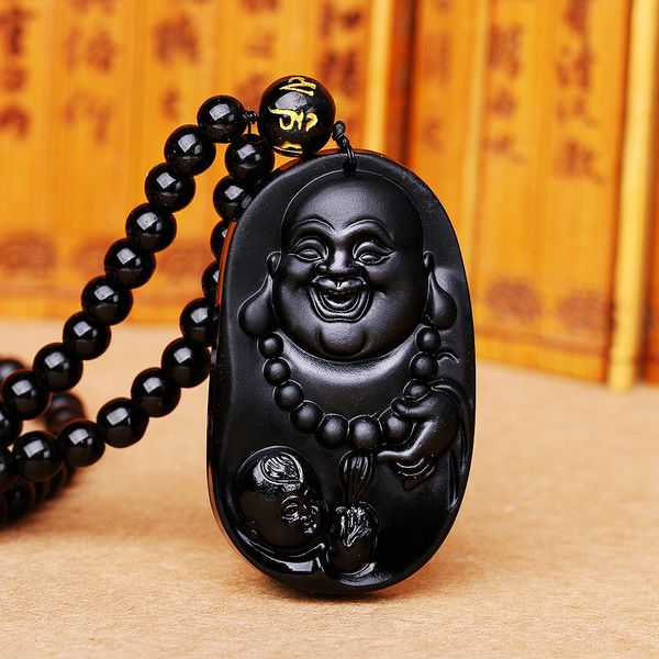 

natural black obsidian carved laughing buddha lucky amulet pendant necklace pendants fashion jewelry women men's true obsidian, Silver