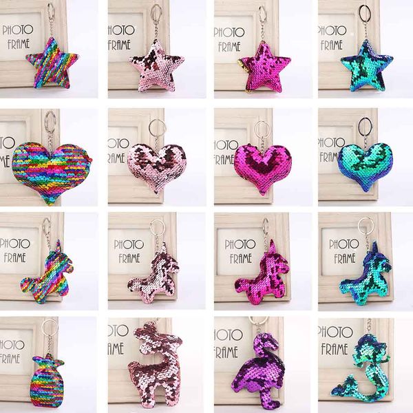 

imucci cute star unicorn mermaid keychain glitter pompom sequins key chain gifts for women car bag accessories key ring, Silver