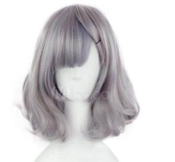 

harajuku lolita wigs light grey short side bangs curls at ends synthetic hair, Black;brown