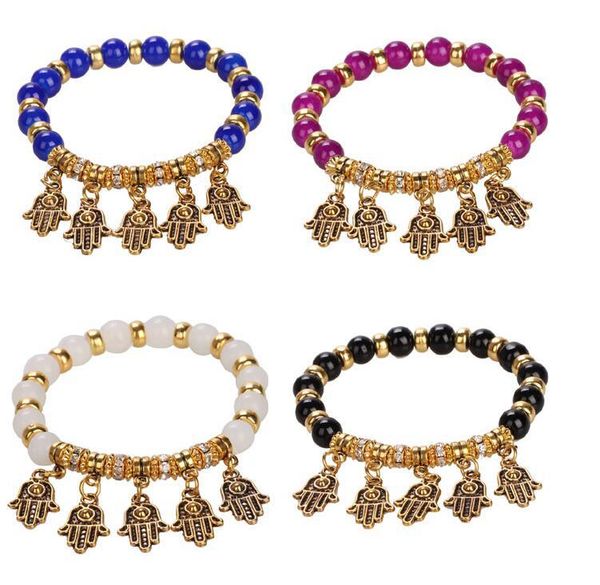 

hamsa handmade bead bracelet stretch small pendant lucky evil eye fatima hand pendant elastic band men/women jewelery, Black