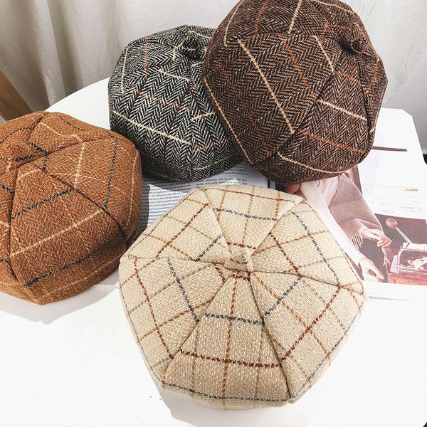 

plaid retro ladies beret simple casual student detective cap literary wild autumn and winter, Blue;gray