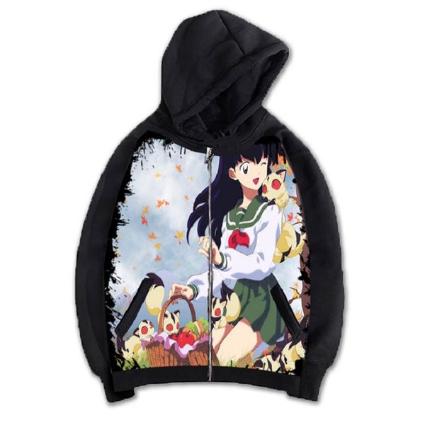 

high-q anime cos inuyasha higurashi kagome sesshoumaru zipper hooded hoodie cardigan sweatshirts jacket, Black