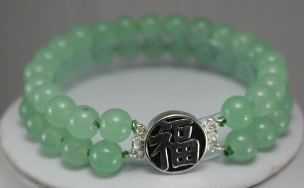 

2 rows green natural stone bless bracelet, Black