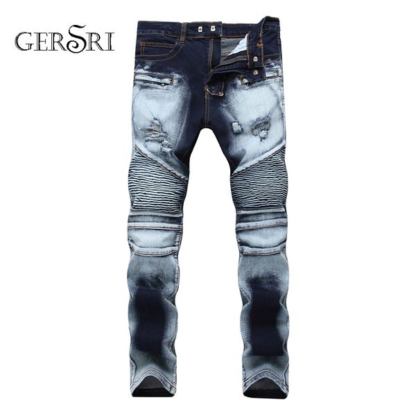 

gersri 100% cotton streetwear men skinny biker jeans homme straight male motorcycle moto hip hop denim pants joggers runway jean, Blue