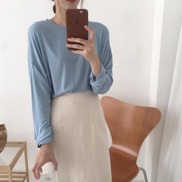 

pengpious cotton knit t-shirt for korean fashion women candy colors long sleeves round neck autumn t-shirt lady, White