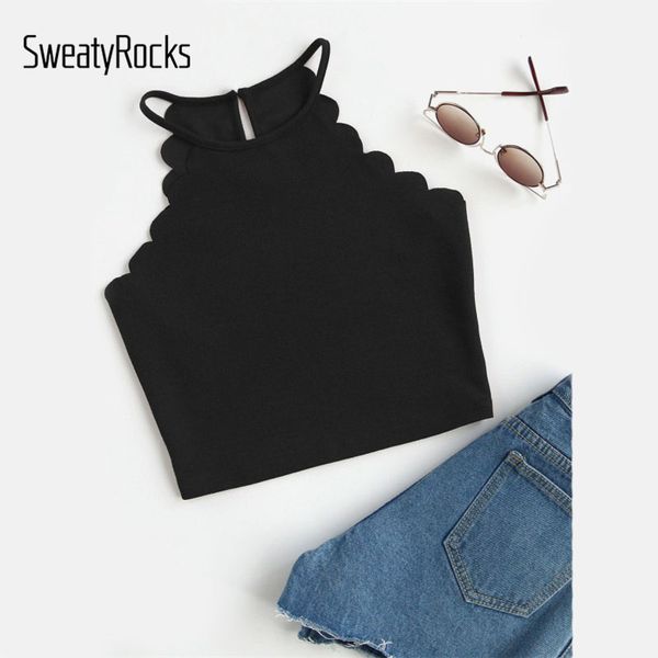 

sweatyrocks scallop trim halter casual 2017 new arrival sleeveless woman vest ladies black slim fit plain crop camisole, White