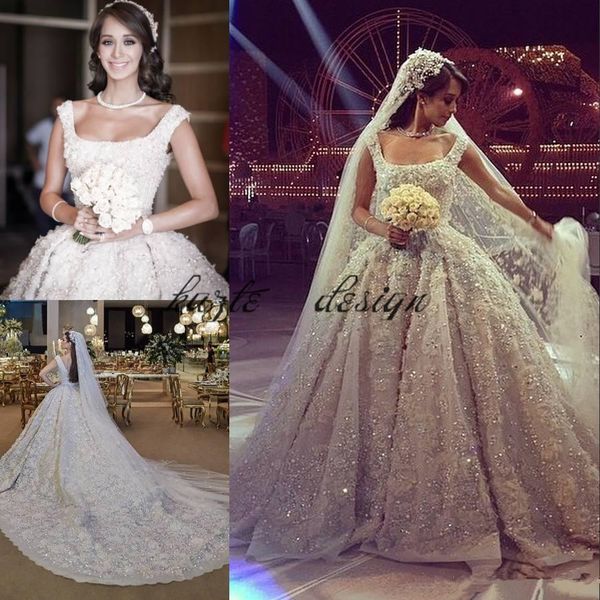 

Luxury Elie Saab Beads Ball Gown Wedding Dresses 3D Appliques Square Neck Backless Bridal Dress Chapel Plus Size Sequined Wedding Gowns