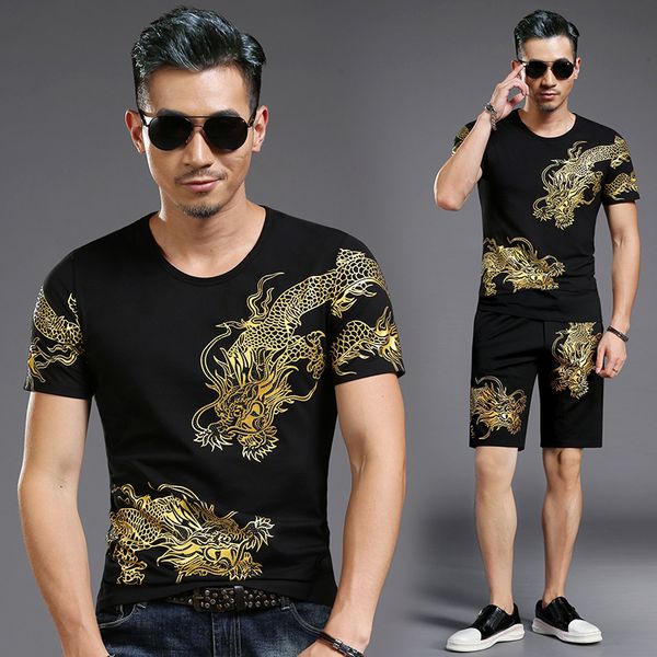 

two pieces dragon pattern printed short sleeve t-shirt shorts men set cotton sportswear black mens tracksuit casual track suit, Gray