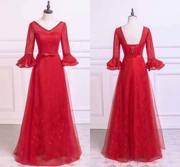 Boho-Ärmelkleider Abend Kleidung 2019 A-Line V-Ausschnitt Red Spitze sexy V-Ausschnitt Ribbon Bow Prom Kleid elegante formelle Abendkleider Partykleid