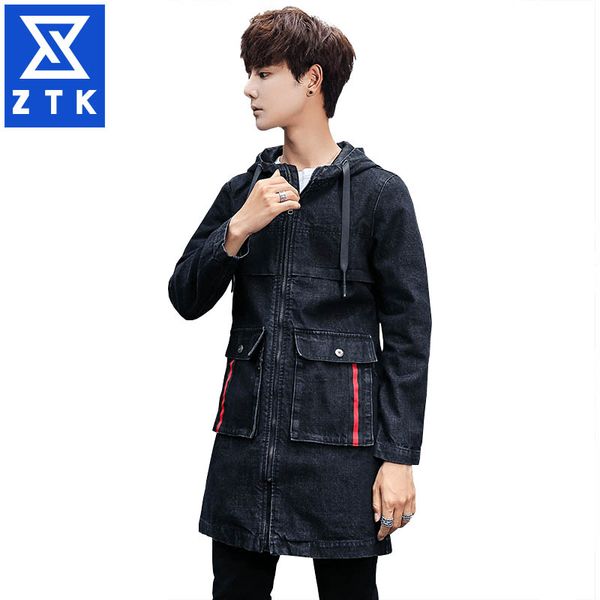 

men's long hooded trench coat with a stylish printed denim jacket, Tan;black