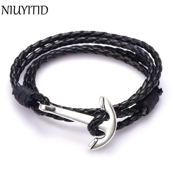 

niuyitid man 41cm pu leather bracelet for men women fashion wristband charm braclet male accessories jewelry, Black