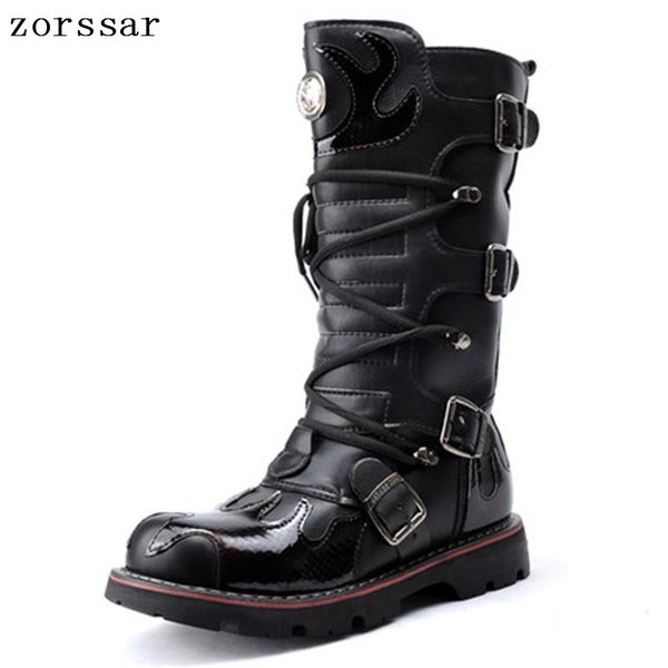 

zorssar} 2018 fashion totem punk style knee high boots men motorcycle boots pu leather mens cowboy winter male shoes, Black