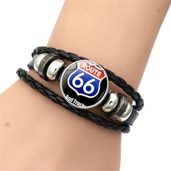 

new women men black leather usa route 66 signs charm bracelets bangle cartoon time gem jewelry ing, Golden;silver