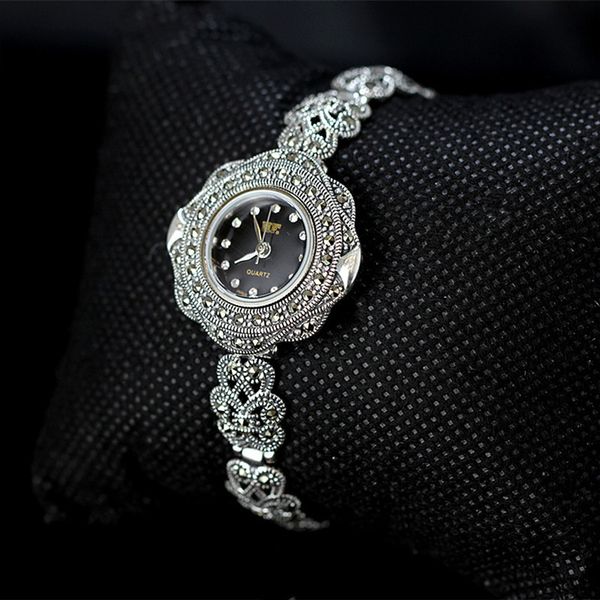 MetJakt Vintage Quartz Bracelet Watch with Zircon Solid 925 Sterling Silver Bracelet for Women's  Thai Silver Jewelry