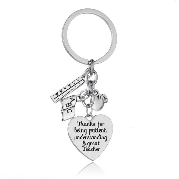 

thanks for being patient understanding & great teacher keychain jewelry apple ruler abc book heart charms keyring teachers gift, Silver