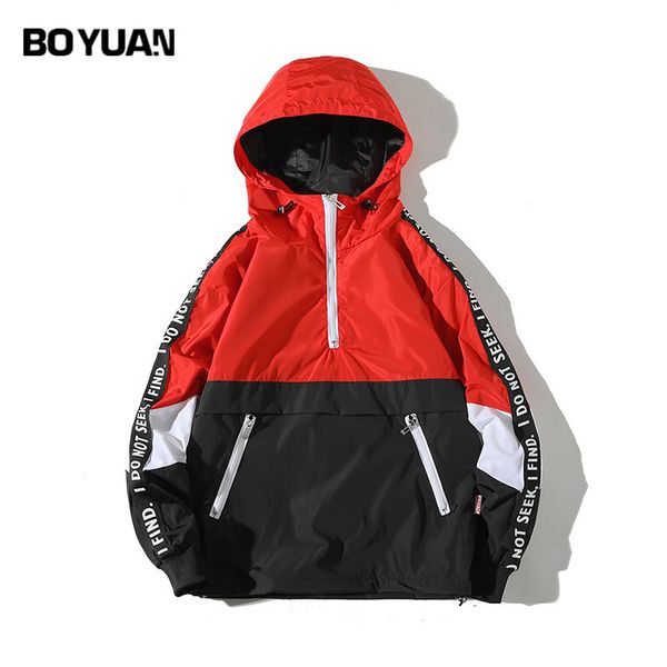 

boyuan patchwork color block pullover hooded jackets 2018 autumn zipper tracksuit casual jacket coats hip hop male streetwear, Black;brown
