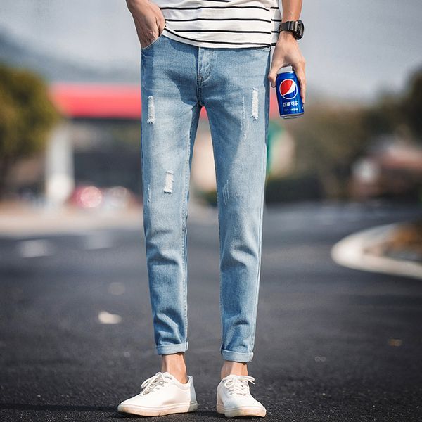 

summer thin section stretch hole nine points jeans korean version of the trend of slim pants men's casual harlan pants, Blue