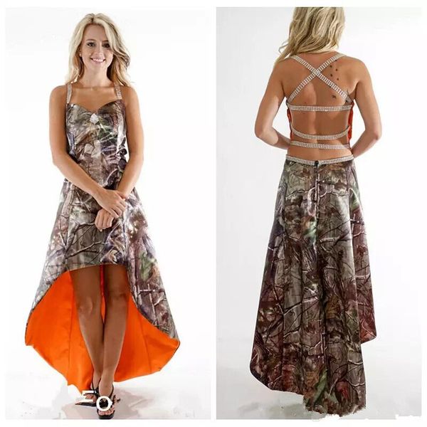 

Новый Camo Bridesmaids платья High Low Бисероплетение Criss Cross Назад Камуфляж честь девы Форма