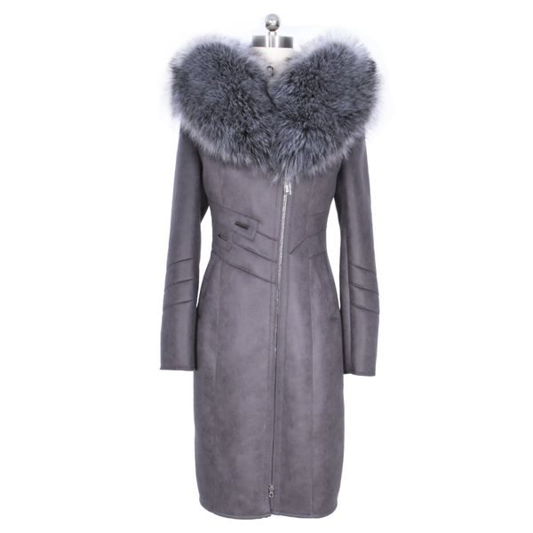 

faux fur coat women long winter new fashion large size jacket artificial silver collar suede trench hood slim zipper, Black