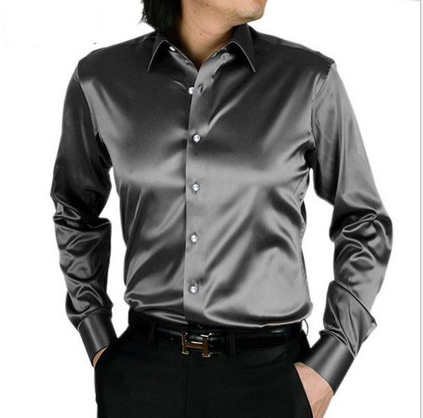 Mode Herren Hemd Seide Satin Herren Langarm Casual Paare Schwarz Weiß Hochzeitskleid