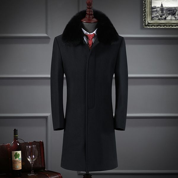 

new arrival style men woollen coat windbreaker casual covered button thick mens fur collar coat fashion warm size l  xxl xxxl, Black