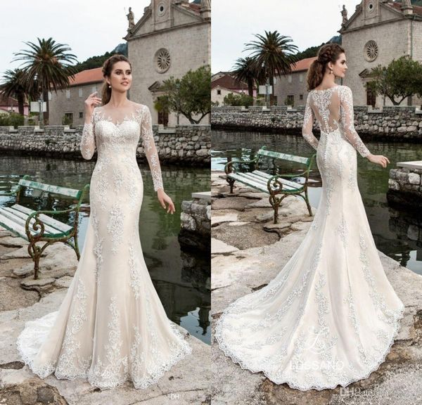 Nuovi abiti da sposa lunghi a sirena di design 2018 scollo a barchetta bottoni maniche lunghe corte dei treni abiti da sposa da sposa in pizzo vestido de novia