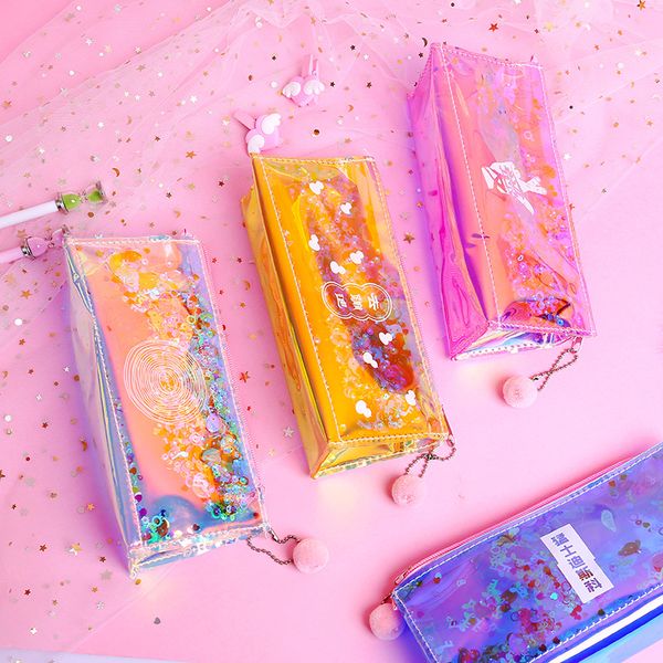 

large pink glitter cute holographic sequin korean pencil cases bag multi function large cool storage