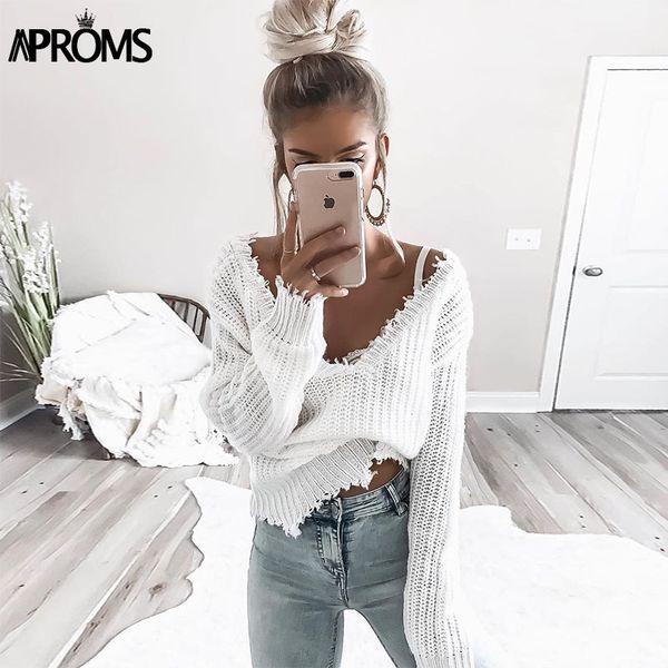 

aproms tassel deep v knitted pullover female autumn winter white long sleeve knit crochet sweater women cropped jumper pull top, White;black