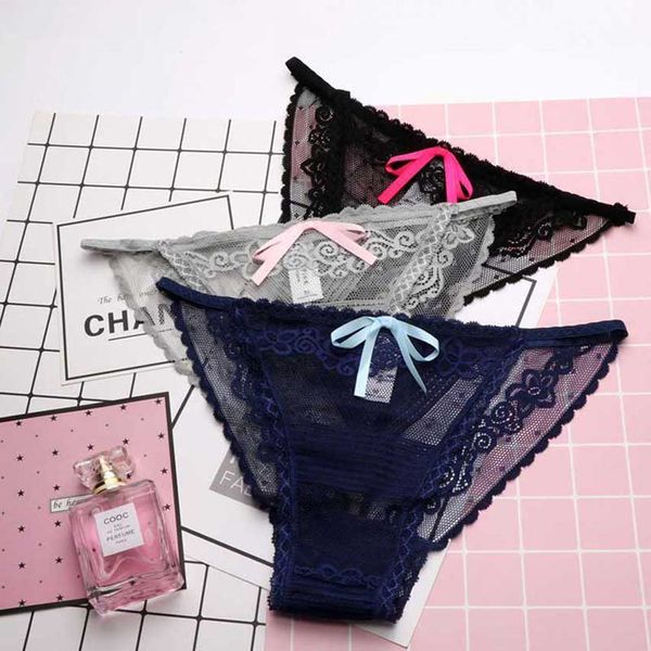 

hui guan bow decoration lace underwear female transparent briefs solid hollow out breathable panties seamless lingerie, Black;pink