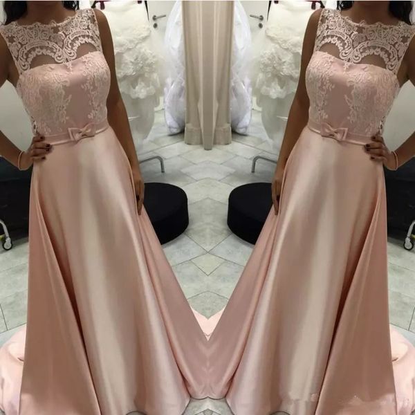 

Sheer Evening Dress A-Line Peach Appliques With Bow Sash Long Prom Gown Mother Dress 2019 Custom Made Robe de soriee