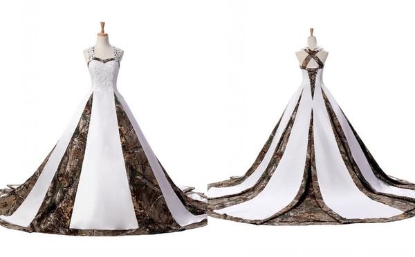 Modernes Camo-Hochzeitskleid in Übergröße für Damen mit Trägern, einzigartiger Rücken, Designer-Korsett, Hofschleppe, Satin-Applikation, Spitze, günstige Brautkleider