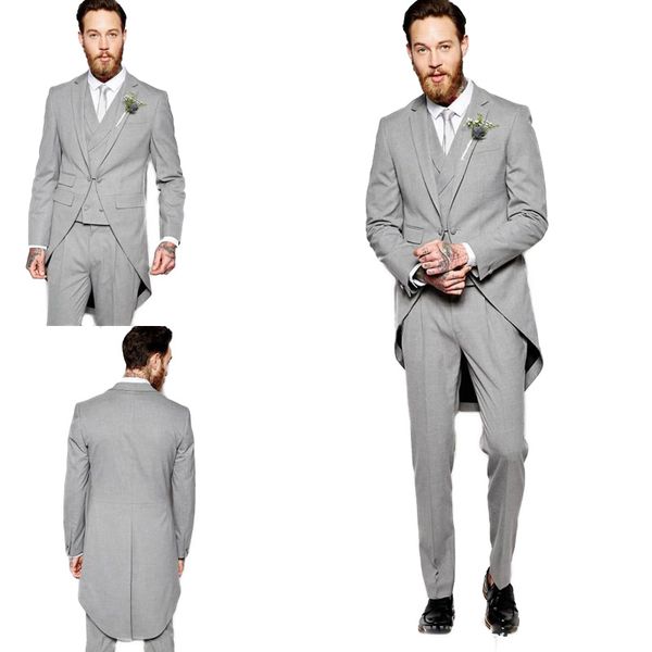 

men suits grey long tailcoat wedding groom tuxedos jacket custom made morning dinner groomsmen suits 3 pieces classic pants man, Black;gray