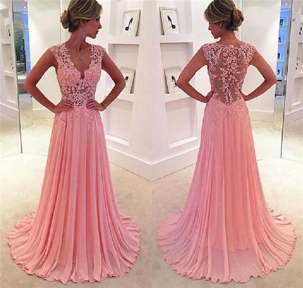 

pink prom dresses lace formal evening dress a line v neck beaded chiffon floor length bridesmaid party gown, Black;red