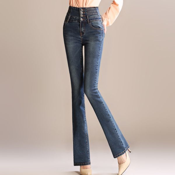 

spring and autumn new slim vintage fashion high waist stretch jeans female slim bell-bottom pants women's jeans trousers, Blue