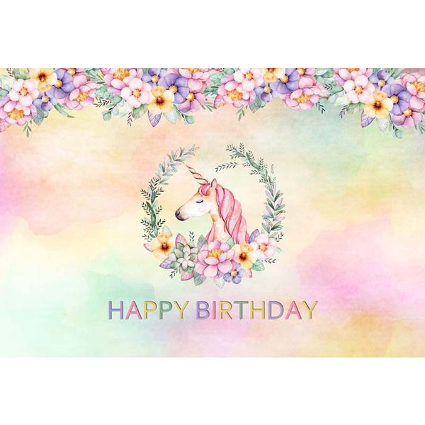 Acheter Licorne Photographie Toile De Fond Joyeux Anniversaire Imprimé Fleurs Nouveau Né Bébé Photoshoot Prop Princesse Aquarelle Fête Photo Fond De