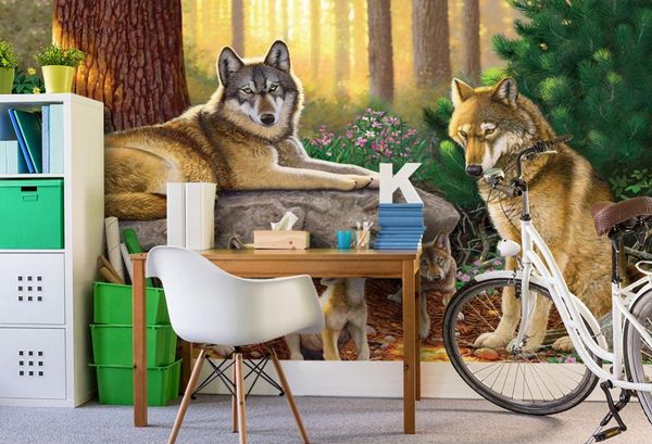 papel de parede 3D Benutzerdefinierte Fototapete Wallpaper Cute Cartoon Wald Stein auf Wolf Gruppe Tier Kinder Zimmer Hintergrund 3D wall wallpaper