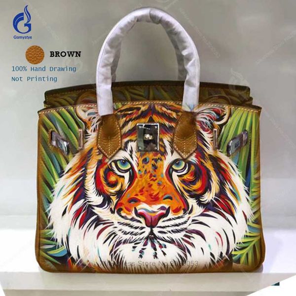 

повседневная сумки сумки для женщин 2018 реальная натуральная кожа сумки на ремне искусства ручной росписью граффити животных тигр crossbody