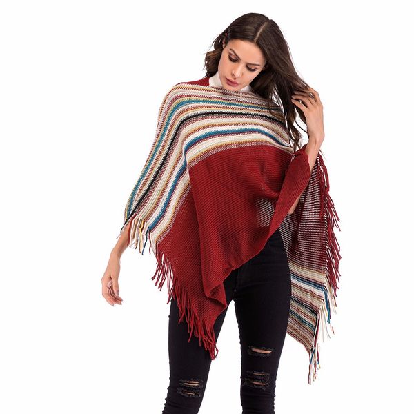 

autumn new fashion women's tassel knitted coat blouse irregular striped bat sleeve fashion cape shawl sweater coat, Black