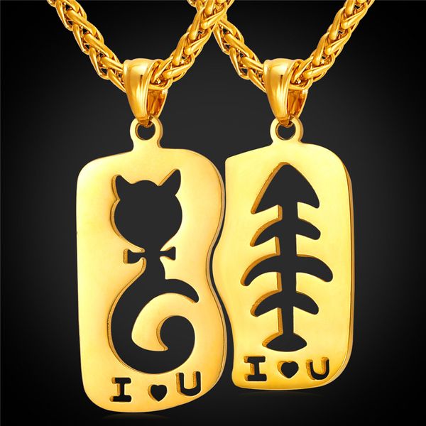 

2016 2pcs couple pendant stainless steel necklaces for lovers cat fish necklace suit christmas gifts i love u carving p284, Black