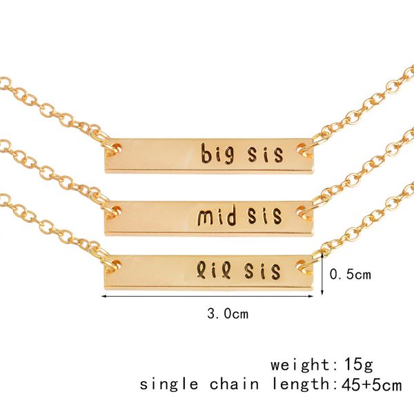 

10pcs gold/silver bar necklace with letter big middle littler sister chain necklace jewelry for love sister gift