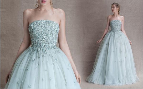 

paolo sebastian plus size ball gown prom dresses lace appliques strapless evening gowns light blue floor length party dress, Black