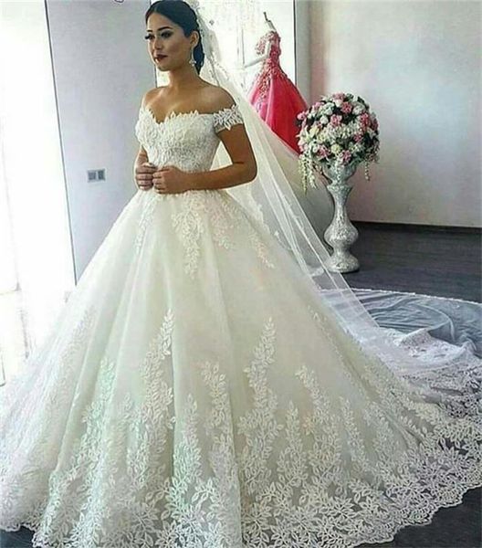 

off shoulder lace ball gown wedding dresses chapel train beaded lace applique ivory tulle corset plus size bridal gowns custom made, White