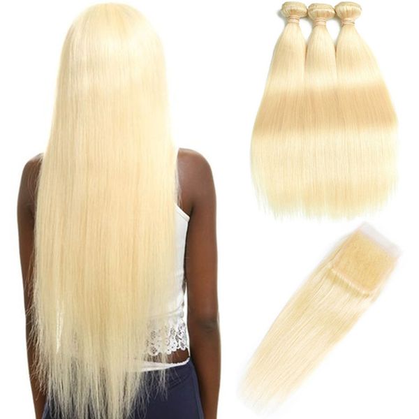 

hcdiva hair extensions straight 613 blonde human hair bundles with closure 3 bundles with 4x4 lace closure for hair salon 10-30 inch long, Black;brown