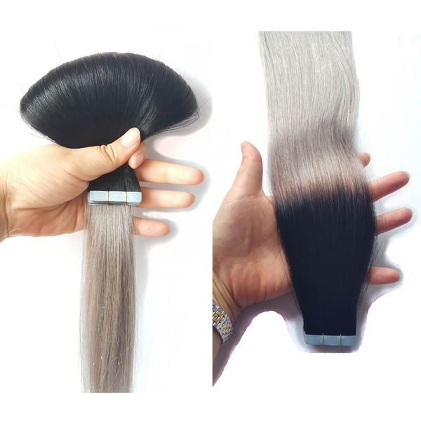 Balayage Tape Hair Extensions Black Gray Ombre Invisible Tape In Hair Extensions Wholesale Price Double Drawn Remy Tape Hair Extension Nail Tip Hair
