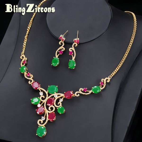 

blingzircons dubai gold color wedding jewelry turkish red green oval cubic zirconia stone necklace earrings set for women js099, Silver