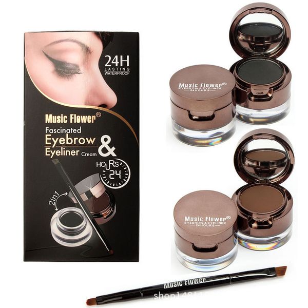 

music flower brand 2 in 1 gel eyeliner & eyebrow powder makeup palette waterproof black brown natural eye liner cosmetics set